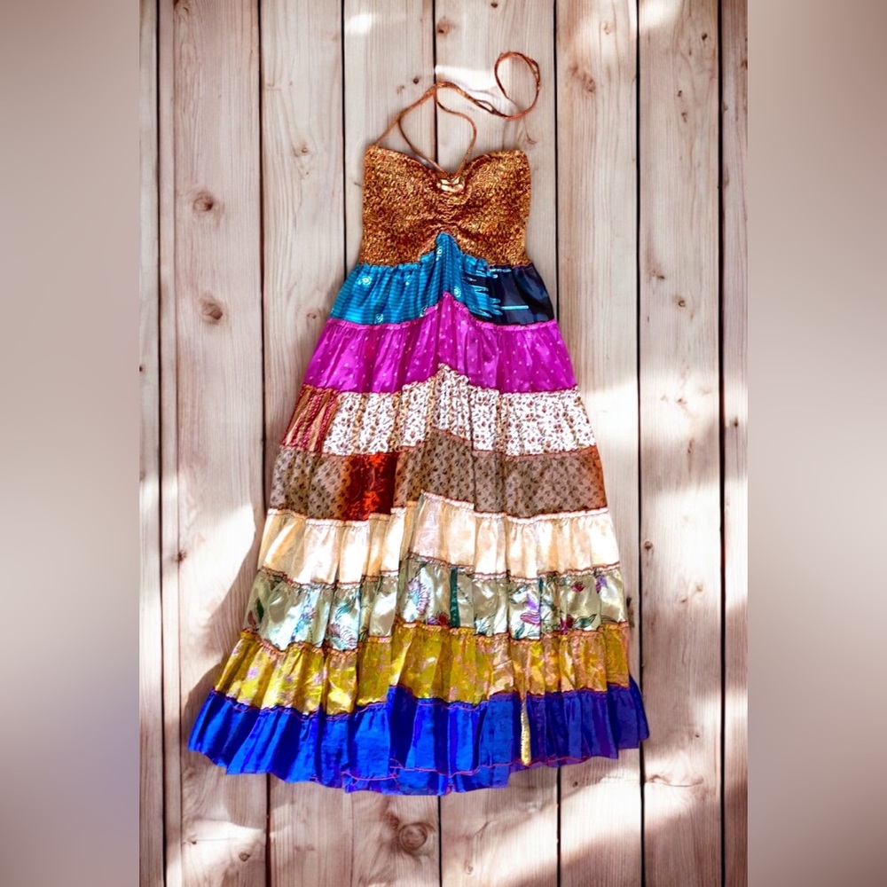 Boho chic halter patch work full length dress👗